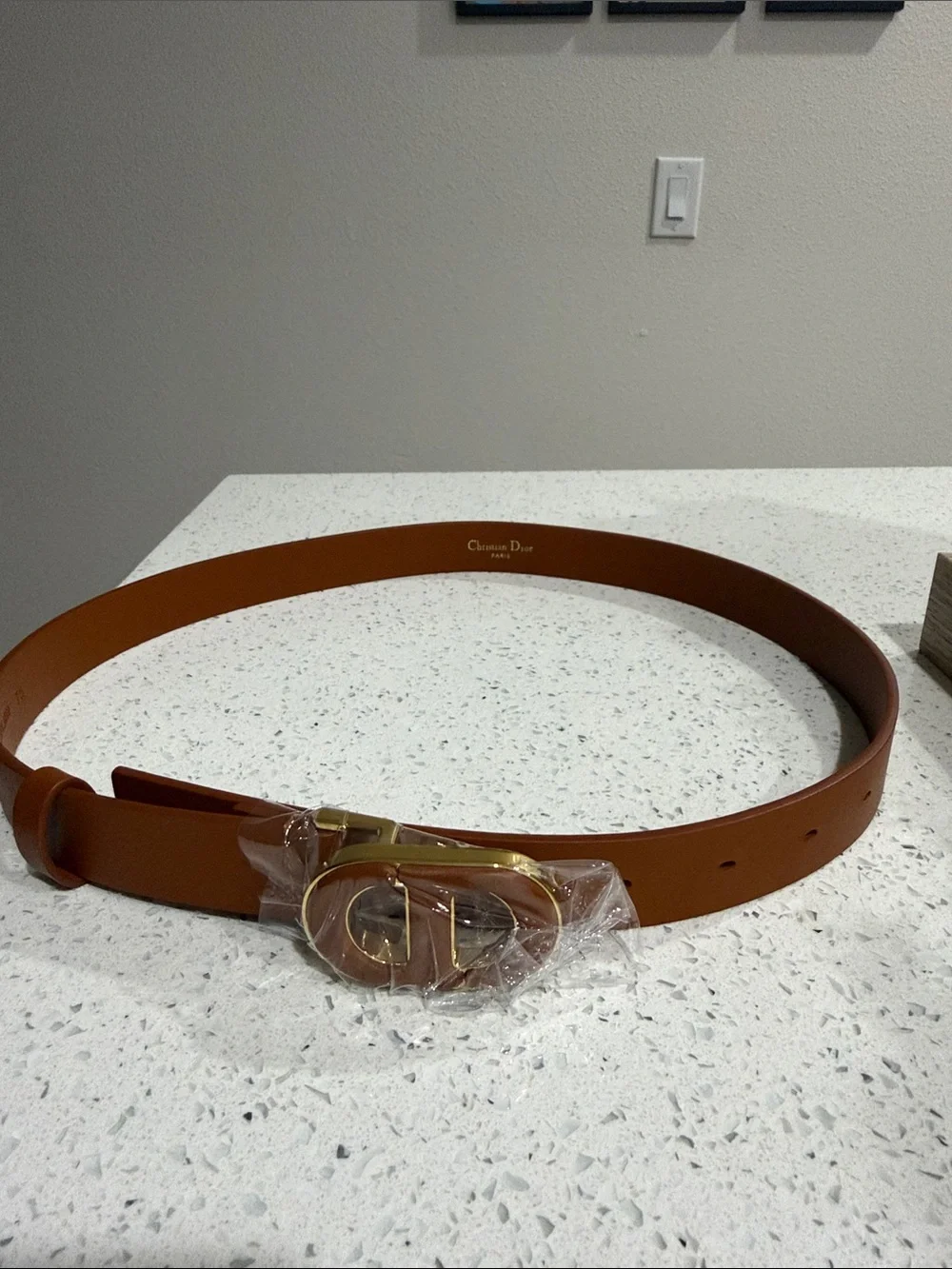 Dior Men’s Tan Leather Belt with Gold CD Buckle